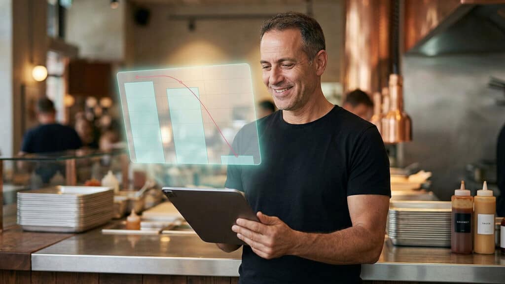 Restaurant owner reviewing revenue performance on a tablet dashboard